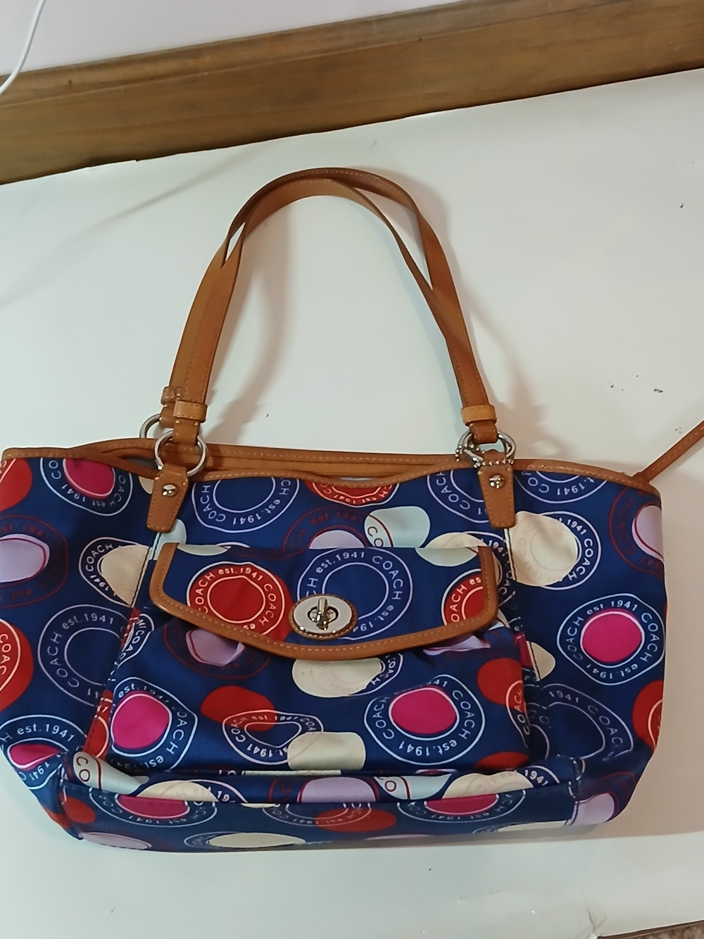 Coach Navy Multi Dot Nylon Tote with Tan Leather Trim